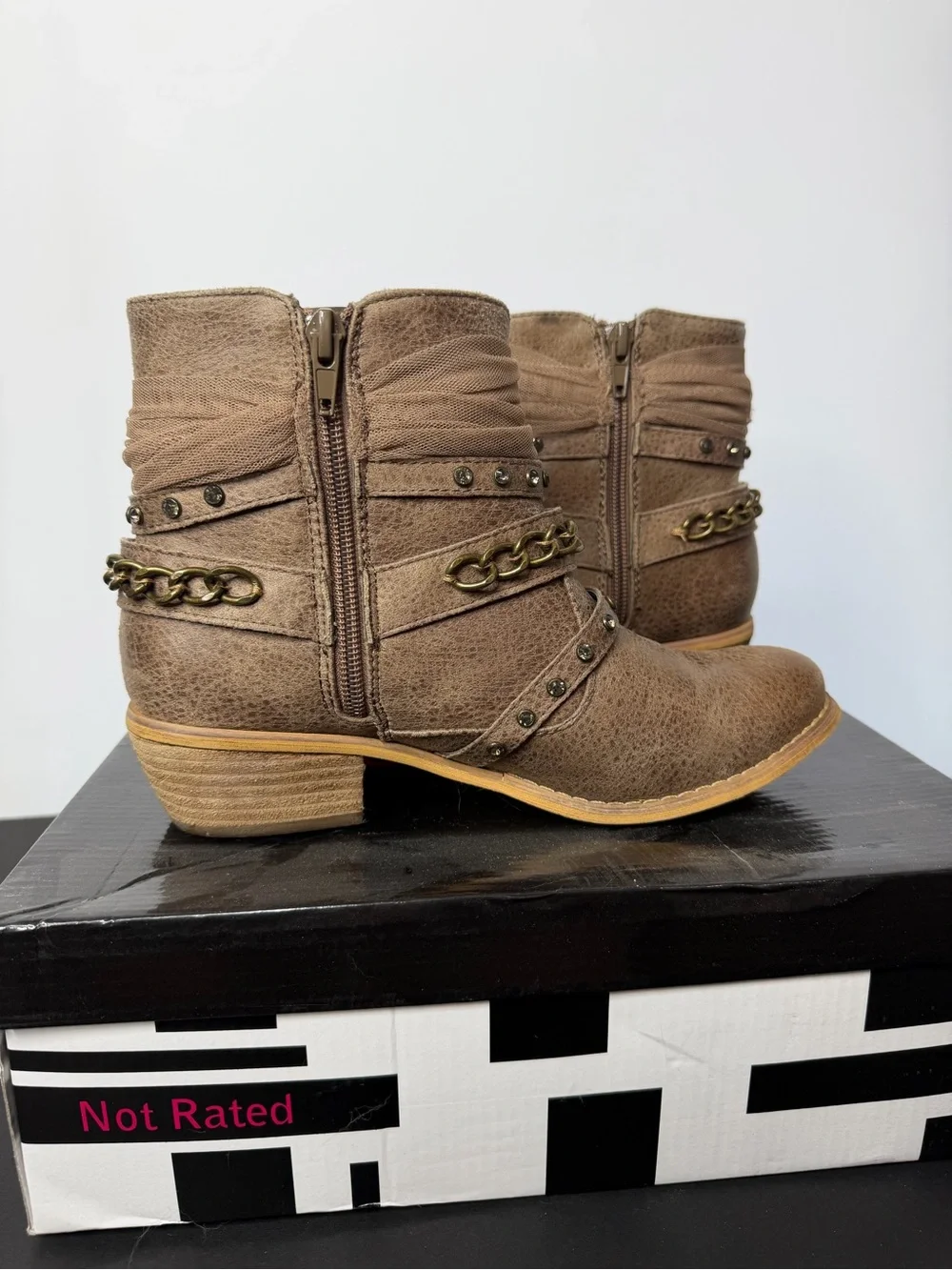 Not Rated Taupe Embellished Ankle Boots with Chain and Bow
